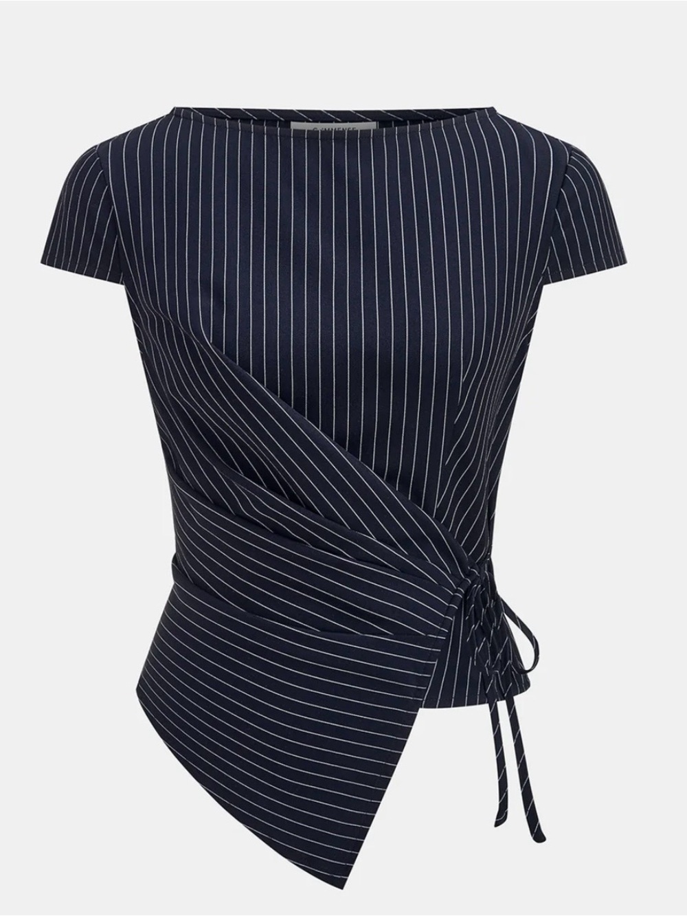 Commense Navy Pinstripe Wrap-Detail Cap Sleeve Top. Size M